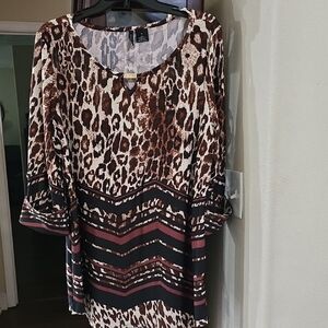 New Directions Brown and Cream Graphic 3/4 Sleeve Blouse